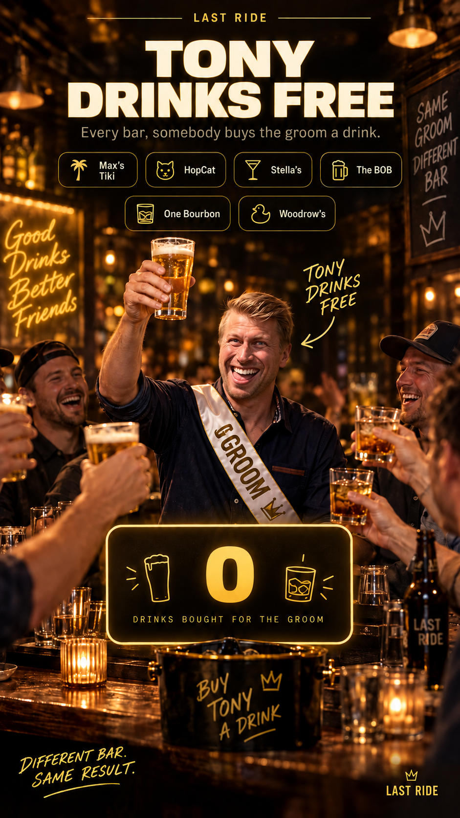 Tony drinks free